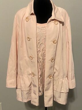 Sharon Young Blush Pink 2-Piece Set: Ruffle Peplum Jacket & Lace Shell